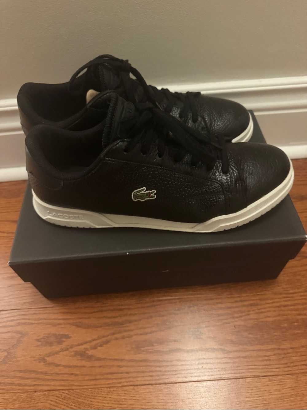 Lacoste Men's Black Leather Sneakers with White Sole